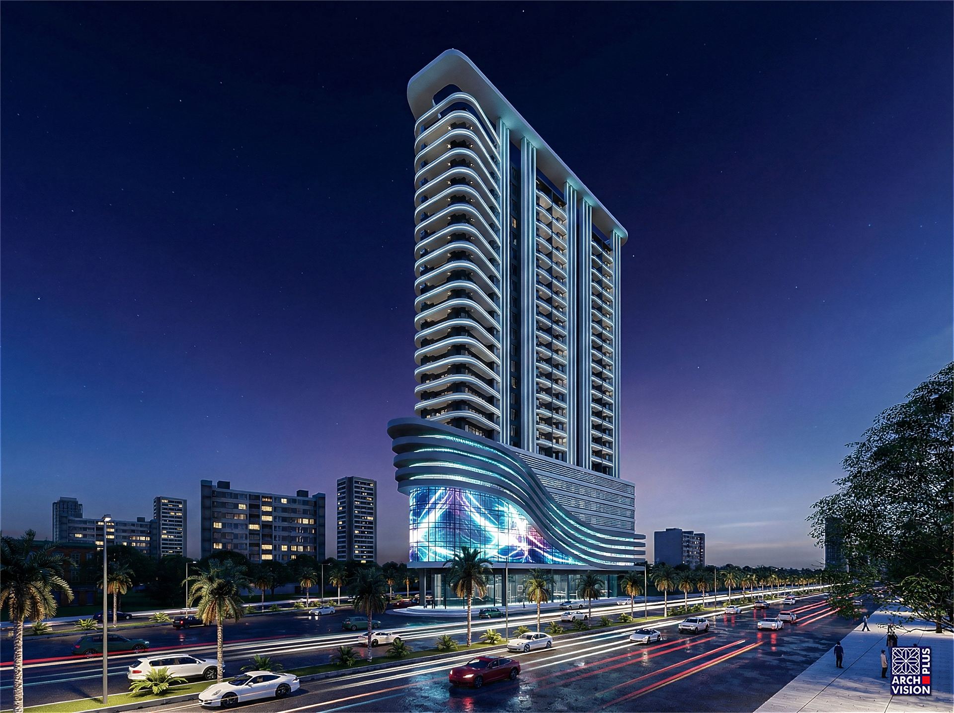 Stadium View Residencia at night